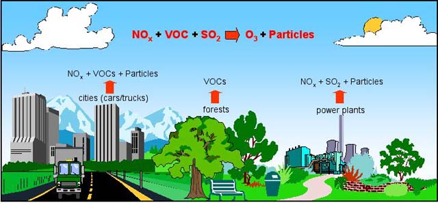 cartoon of chemical precursors and pollutants
