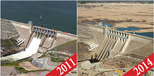 Before and after photos of California's Lake Folsom comparing 2011 to 2014. (Photos by: California Department of Water Resources)