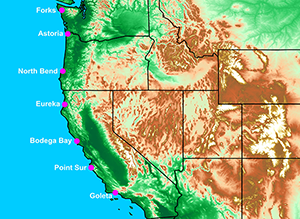 Basemap of the U.S. West Coast showing seven-station 'picket fence' of ¼-scale 449-MHz wind profilers assembled, deployed, operated and maintained by PSL engineers.