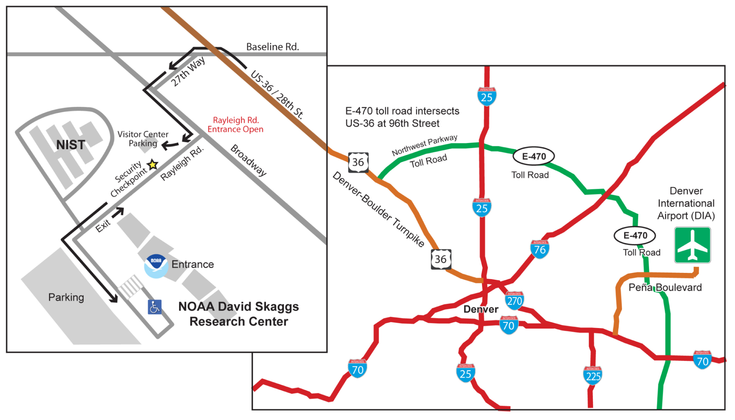 Map of driving route from DIA to Boulder and NOAA.