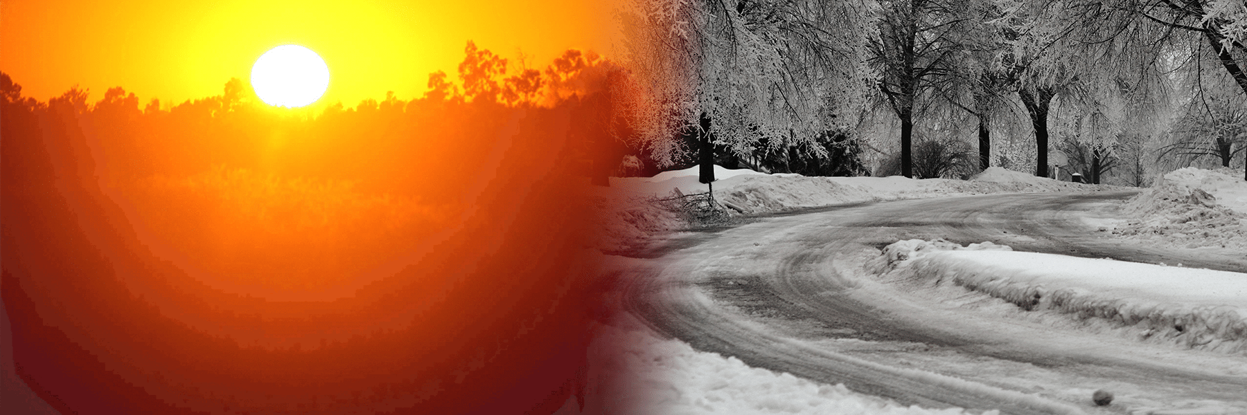 Half of the image is the sun radiating over a landscape, and the other half is a snowy/icy street and trees